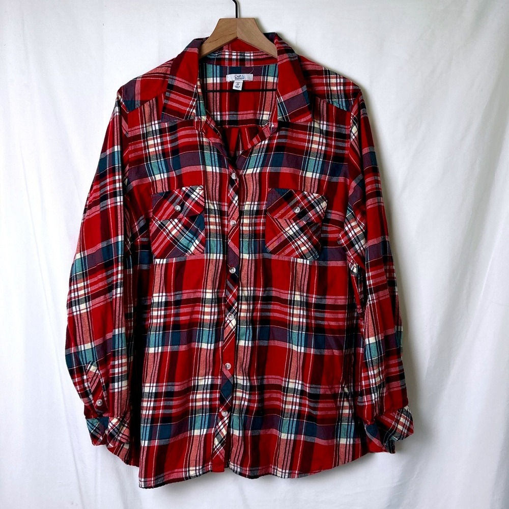 Croft & Barrow Womens Plaid Flannel Button Down Shirt Size 2X Red Cotton Cabin